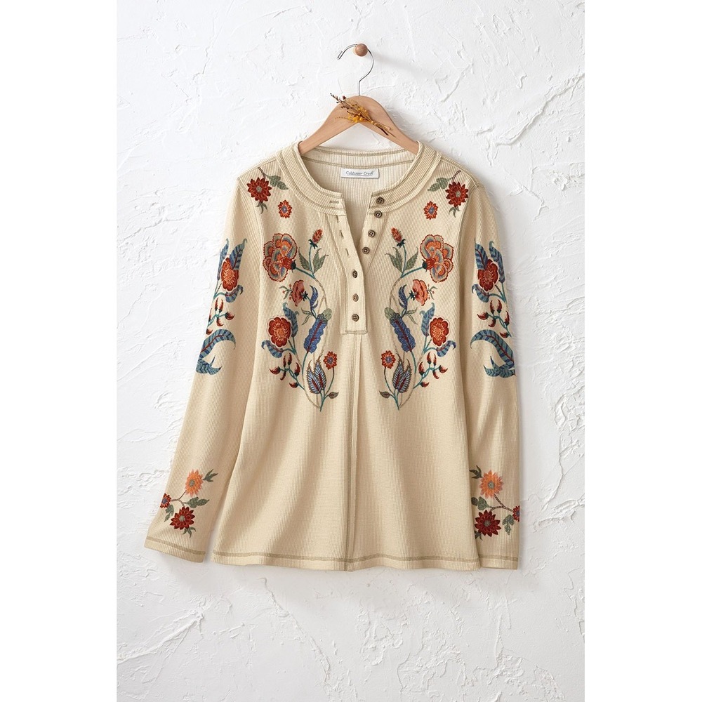 Coldwater Creek Casa Rosa Floral Waffle Henley Cream Size SP